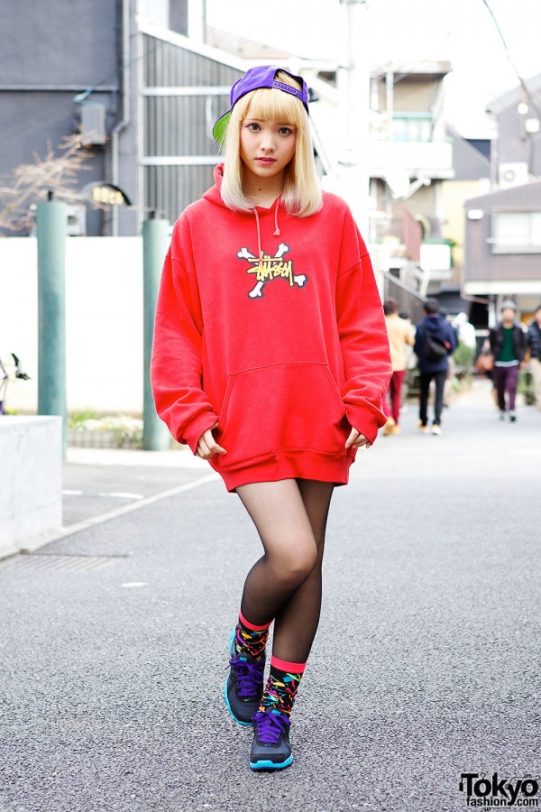 Harajuku Girl in Oversized Stussy Hoodie, Cap & Colorful Socks