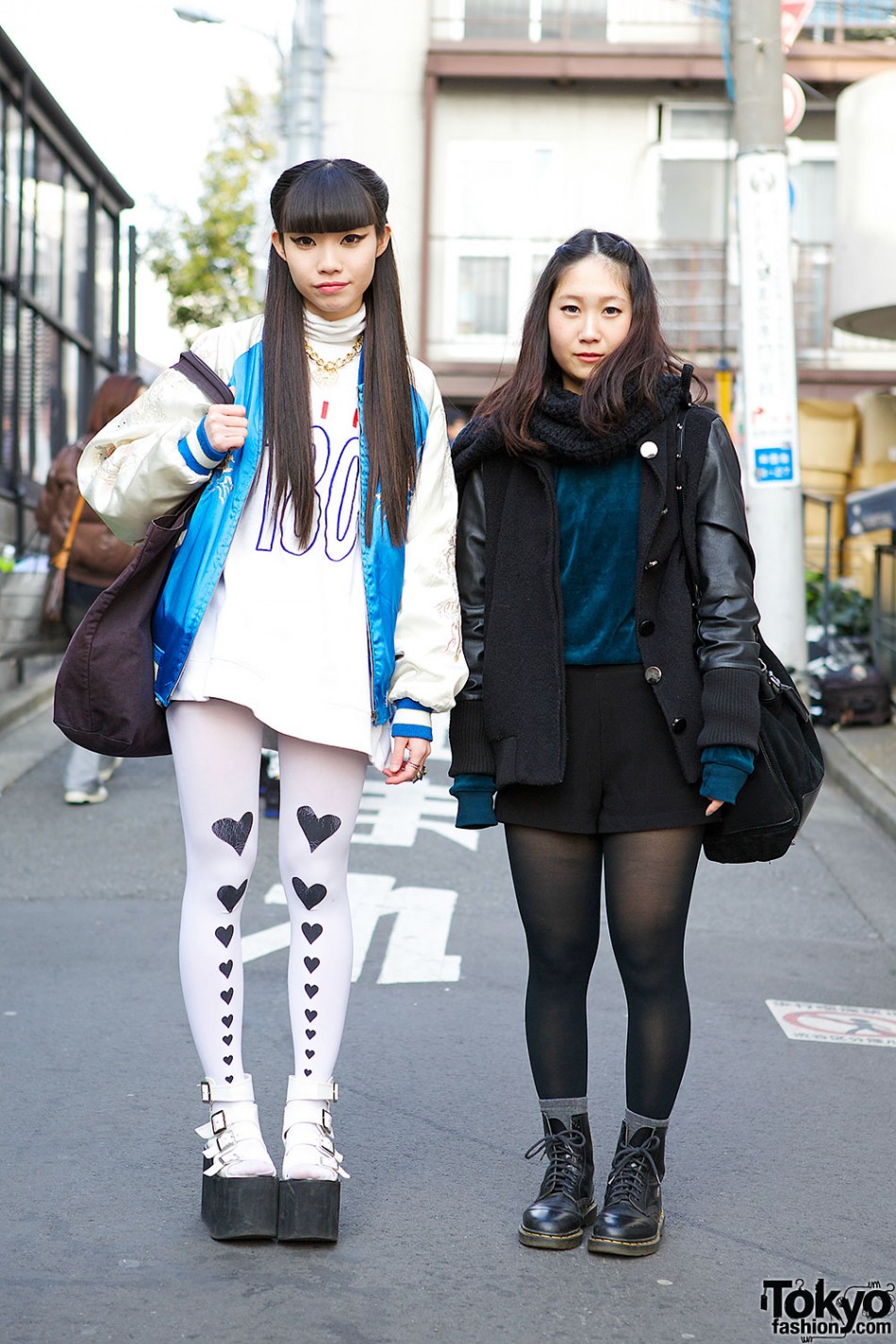 Harajuku Girls In Sukajan Jacket Platform Sandals Cowl And Heart Tights Tokyo Fashion 