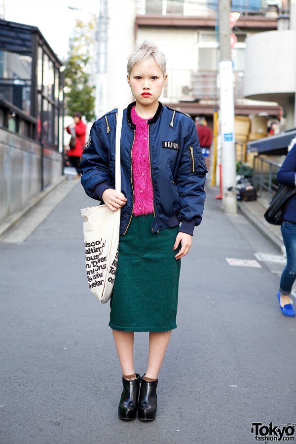Harajuku Girl w/ Short Hairstyle, Jouetie Bomber Jacket & Midi Skirt
