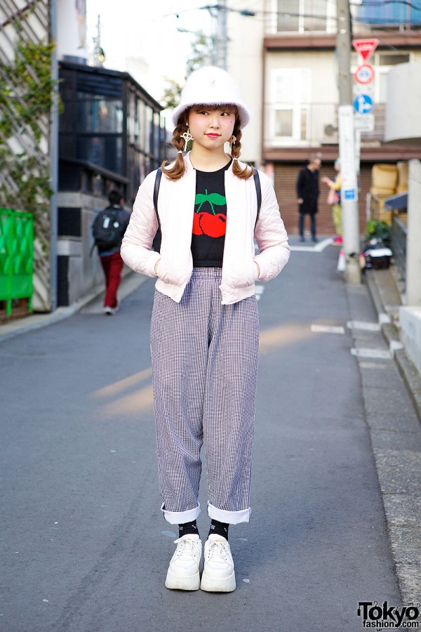 Cherry Sweater, Gingham Pants, Buffalo Platforms & Vintage Coach in Harajuku