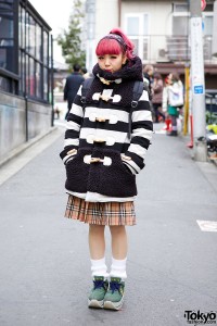 Pink Hair, Striped Duffle Coat, Plaid Skirt & Platform Sneakers in ...