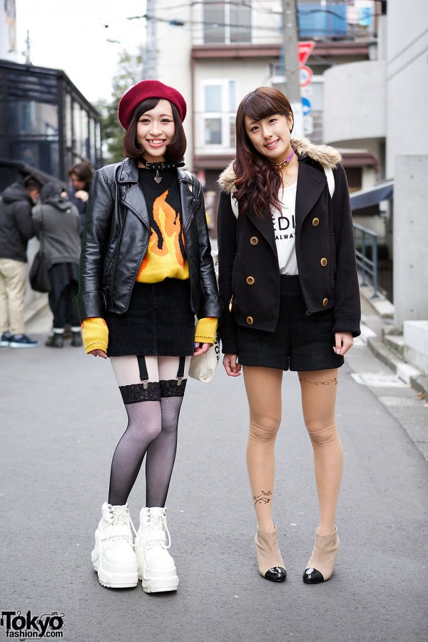 Harajuku Girls in Flame Sweater, Suspender Tights, Chokers & Platform Sneakers