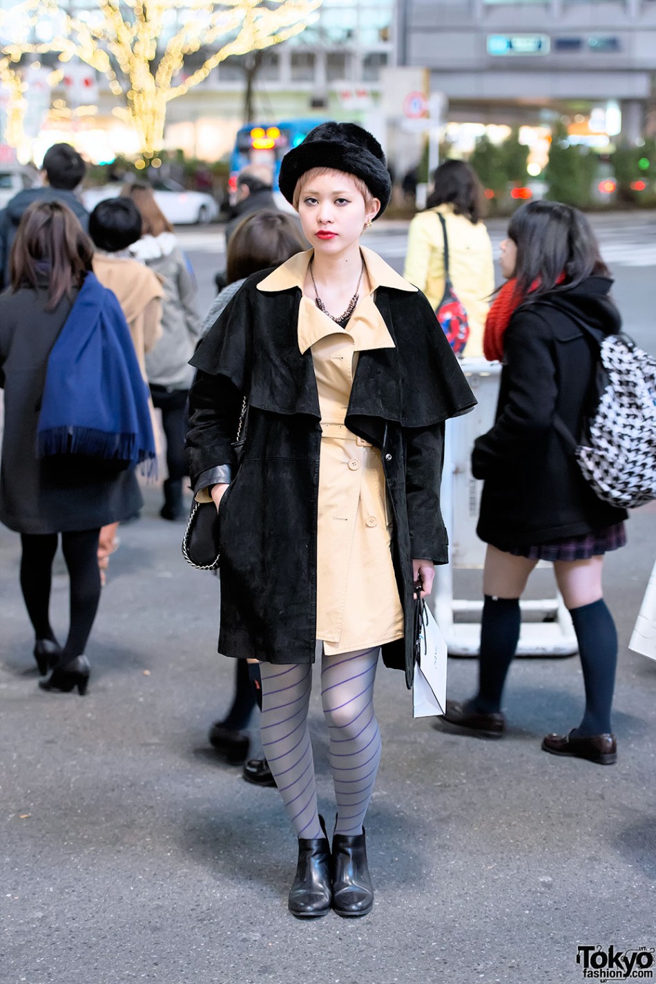 Furry Black Hat, Suede Overcoat & Striped Tights in Shibuya – Tokyo Fashion