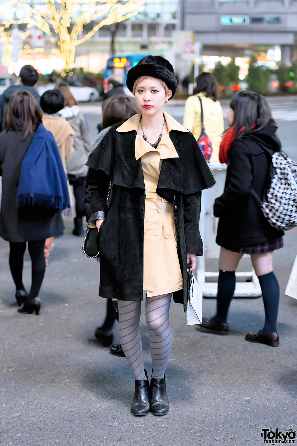 Furry Black Hat, Suede Overcoat & Striped Tights in Shibuya