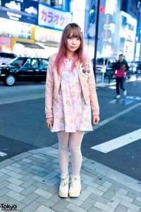 Pink Hair, Nile Perch Teddy Bear Dress & Cherry Badge in Harajuku ...