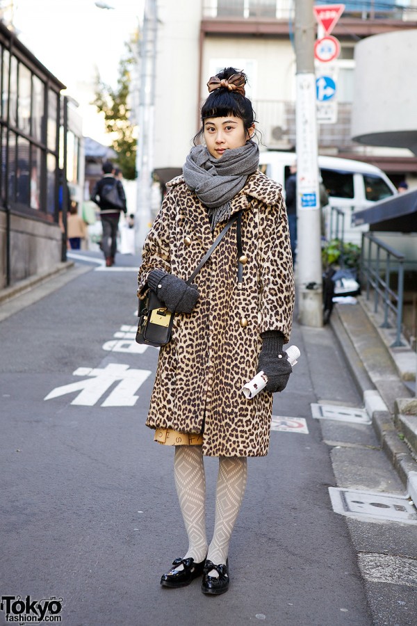 Vintage Leopard Print Coat, Structured Leather Bag & Pointy Bow Flats