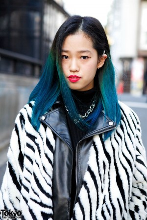 Blue Ombre Hair, Zebra Print Jacket, Clutch & Ripped Jeans in Harajuku ...