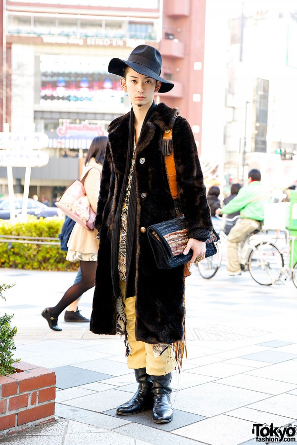Qosmos Staffer w/ Vintage Fur Coat, Hat & Fringe Bag in Harajuku