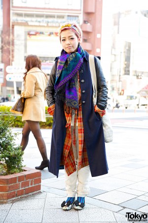 Maxi Coat & Plaid Shirt w/ Denim Bag & WhoWhat Pants in Harajuku ...