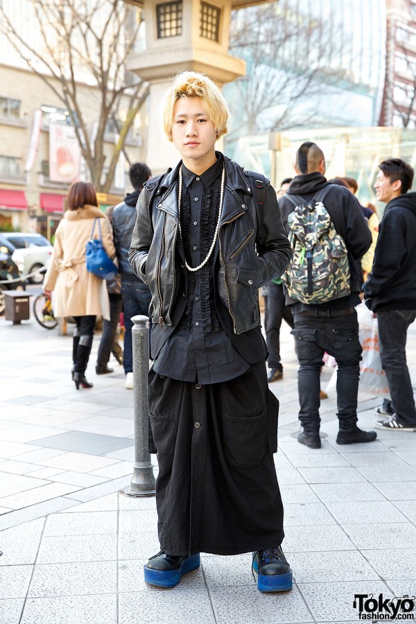 Black Layered Outfit w/ Biker Jacket & Comme des Garcons Platform Shoes in Harajuku