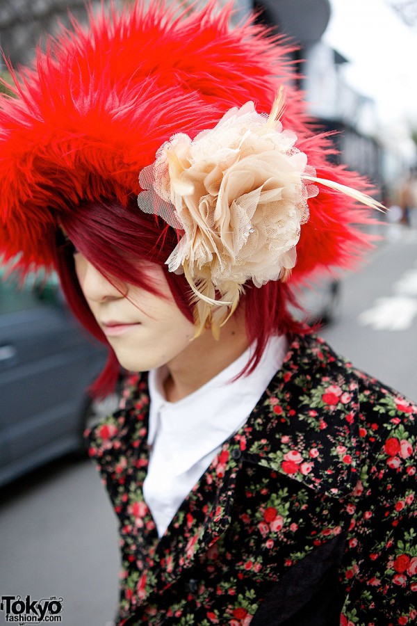 Red Furry Hat & Floral Pin