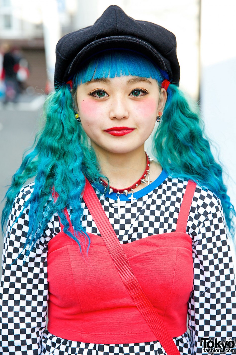 Harajuku Girl w/ Blue Twin Tails in Spinns Bustier, Checkered Top ...