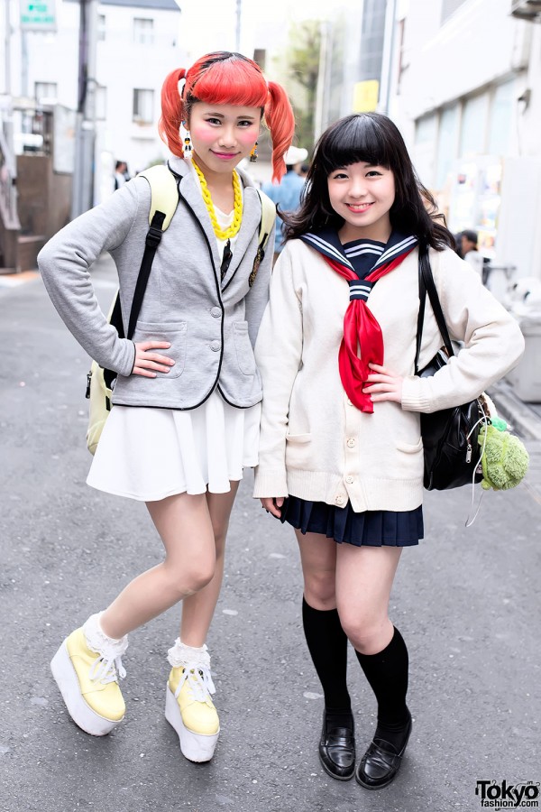 Orange Twin Tails, Sailor Fuku & Lego Man Earrings in Harajuku
