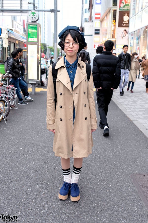 Overcoat, Denim Dress, Beret & Platforms in Harajuku