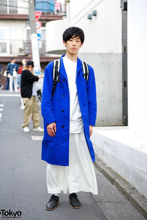 Harajuku Guy in White w/ Blue Beams Trench & Gerry Backpack