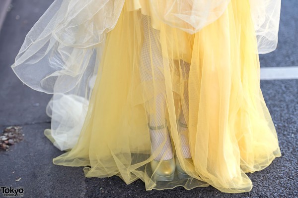 Yellow Chiffon Dress & Iridescent Heels