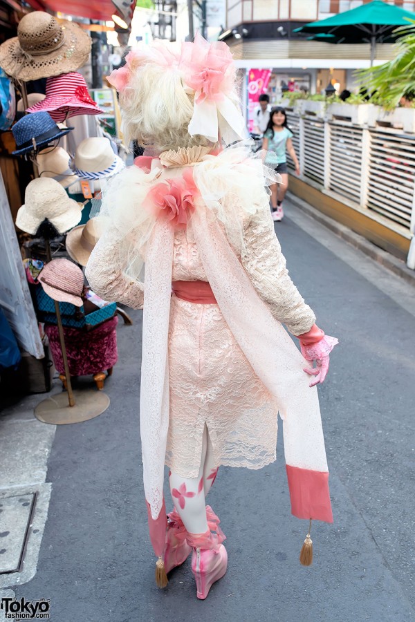 Lace and Pink Chiffon Shironuri Fashion in Harajuku