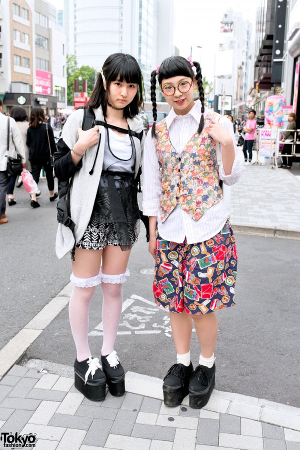 Harajuku Girls w/ Twin Braids, Glasses, Sheer Dress & Platform Sneakers