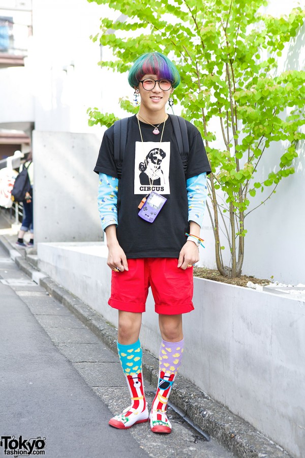 Harajuku Guy w/ Rainbow Hair, Glasses, Gameboy, Cute Earrings & Colorful Socks