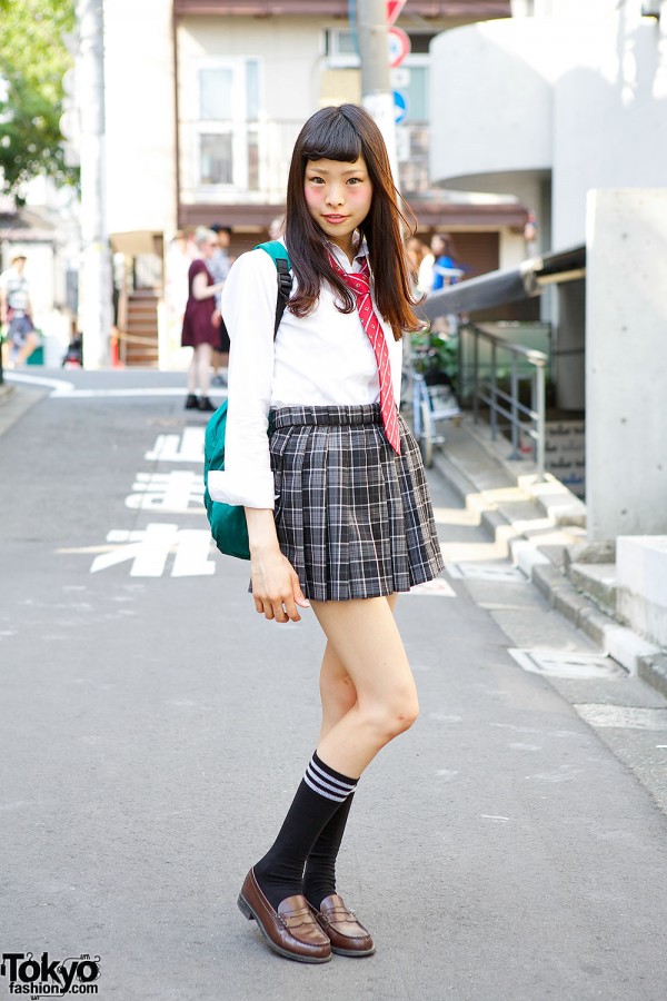 Cute Japanese School Uniform w/ Plaid Skirt, Red Tie & Loafers