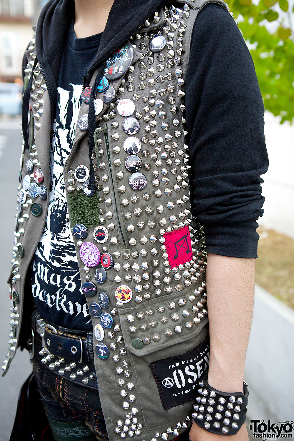 Crust Punk Patch Pants, Disk Union Bag & Studded Vest in Harajuku