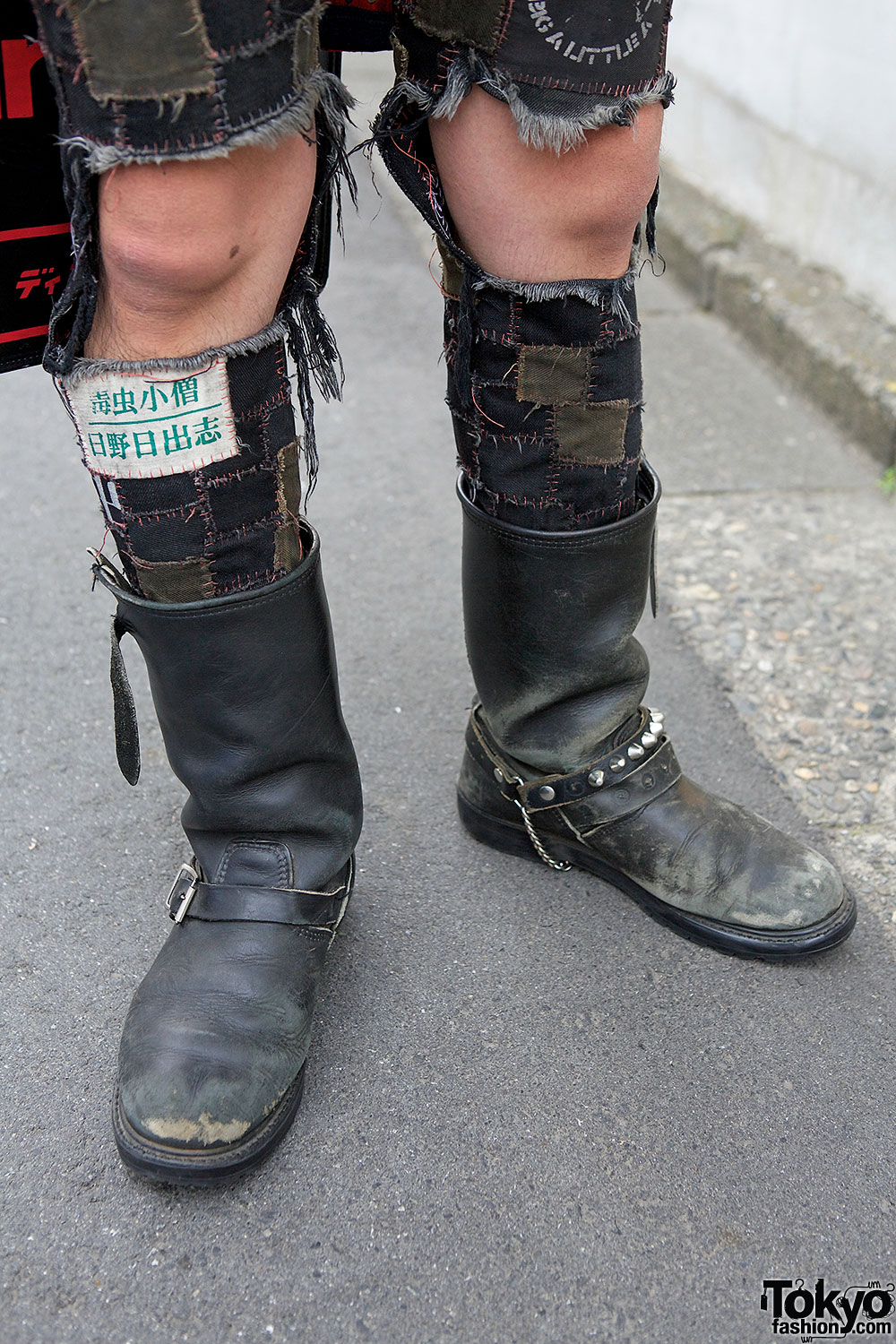 Crust Punk Patch Pants, Disk Union Bag & Studded Vest in Harajuku