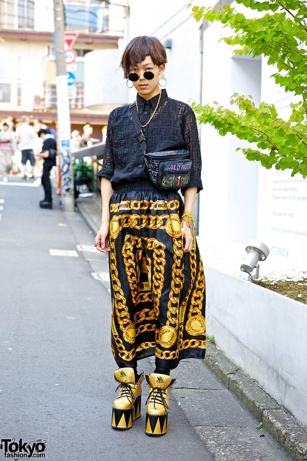 Harajuku Guy’s Black & Gold Street Style w/ Fendi Shirt & YRU Platforms