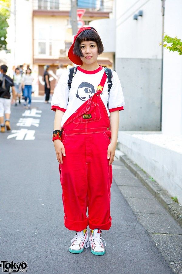 Red Cap & Overalls w/ Panama Boy T-shirt & Sneaker Print Backpack in Harajuku