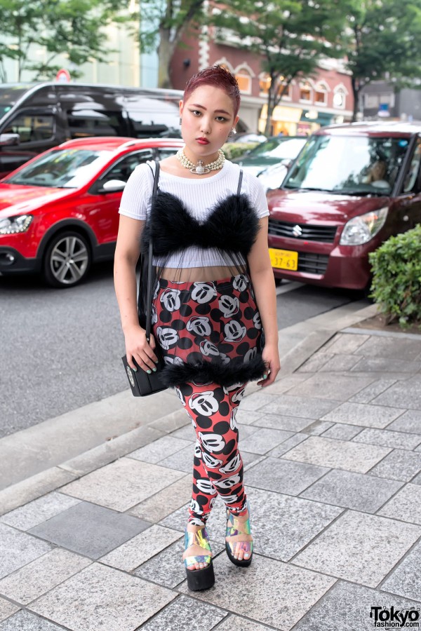 Harajuku Girl w/ Short Red Hair, Vintage Sheer Top, Mickey Mouse & Unif