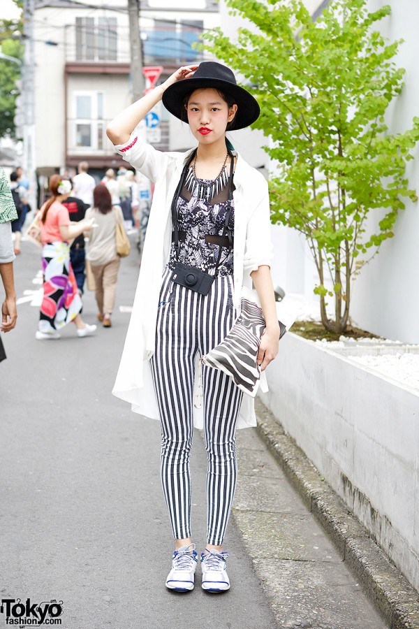 Blue Hair, Hat, Emoda Striped Pants & Zebra Clutch in Harajuku