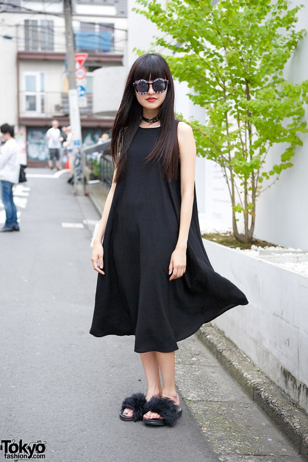 Black Dress w/ Translucent Backpack & Furry Sandals from Bubbles Harajuku