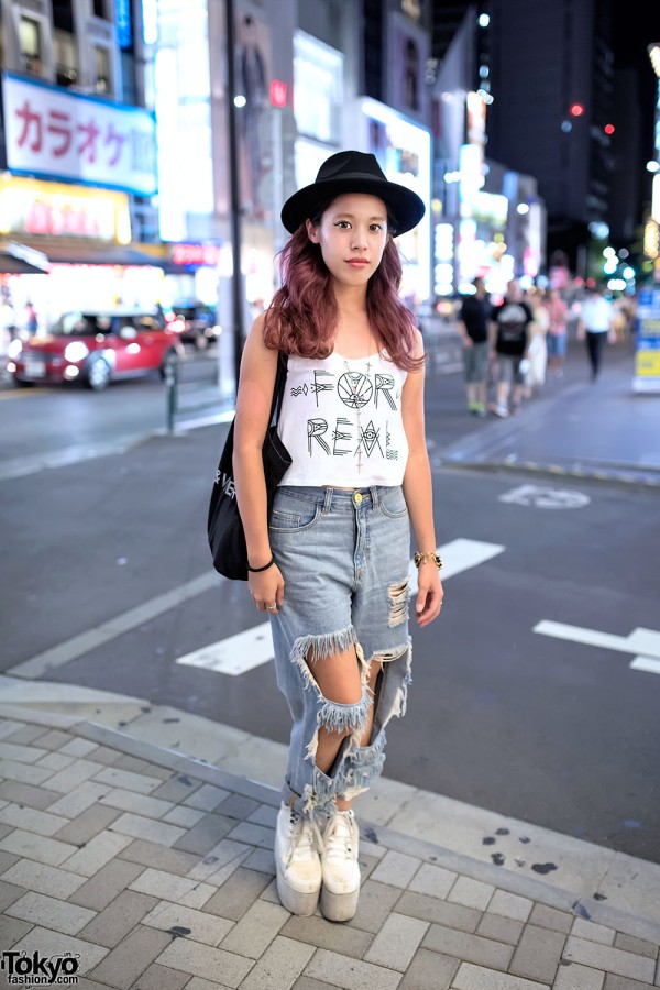 Fig & Viper Ripped Jeans, Pink Hair, Platforms & “For Real” Top in Harajuku