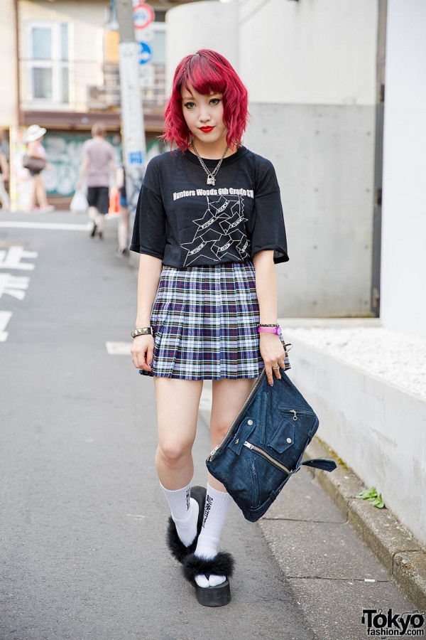 Harajuku Fashion Blogger w/ Fuchsia Hair, American Apparel Plaid Skirt & Justin Davis
