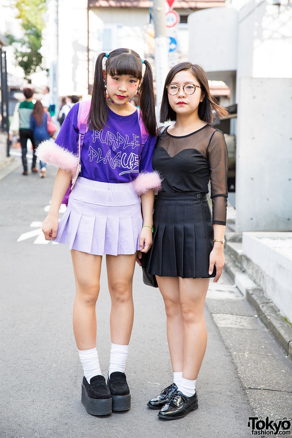 Harajuku Girls In Pleated Skirts W Purple Plague Top Disney Backpack And Platform Loafers 