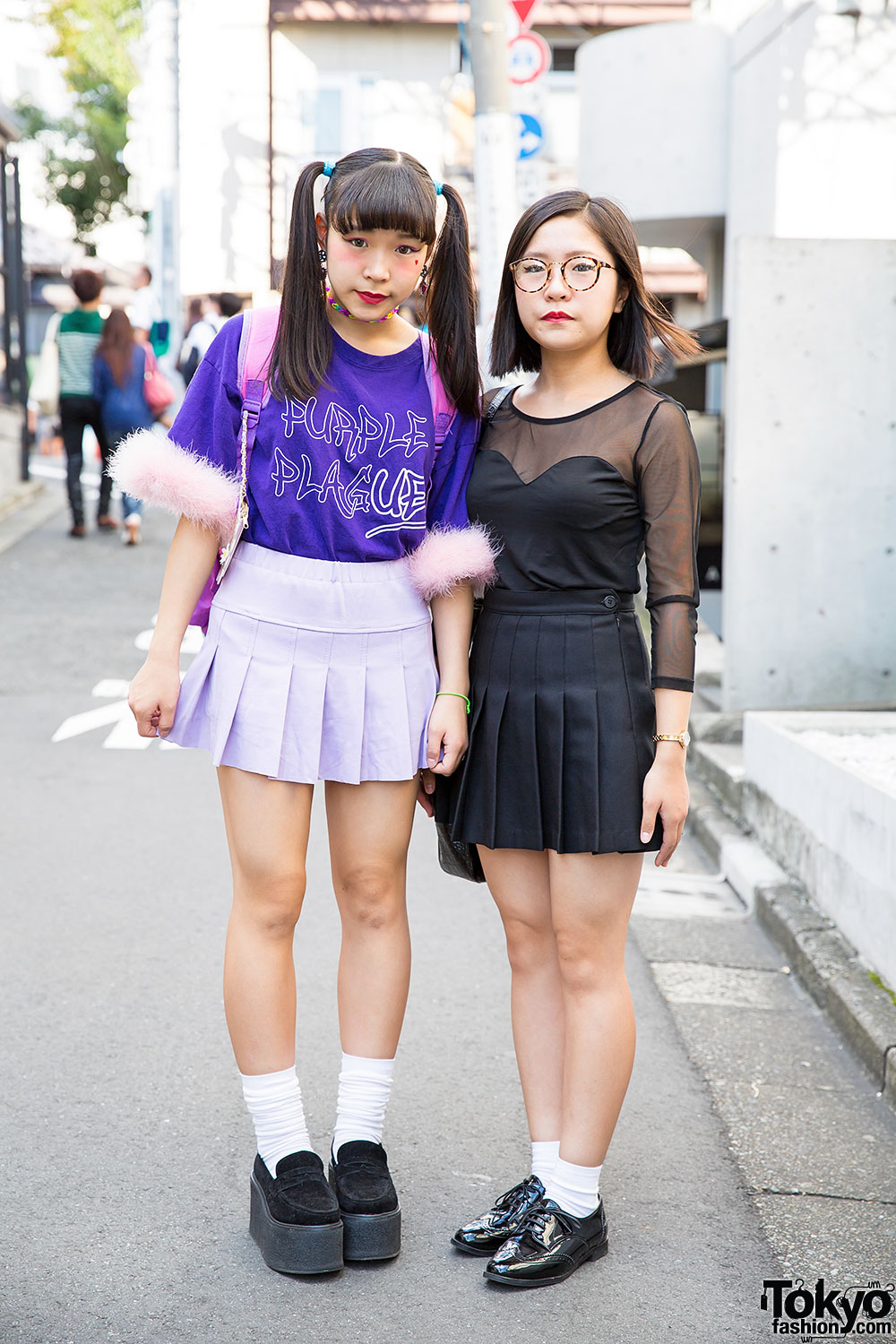 Harajuku Girls in Pleated Skirts w/ Purple Plague Top, Disney Backpack ...
