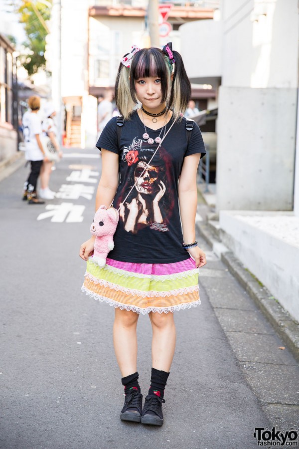 Twin Tailed Harajuku Girl w/ “Cursed” Hair Bow, Eyeball Necklace & Pink Teddy Bear