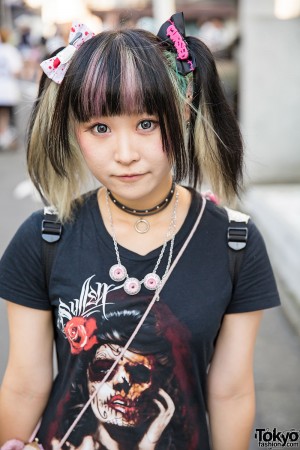 Twin Tailed Harajuku Girl w/ “Cursed” Hair Bow, Eyeball Necklace & Pink ...