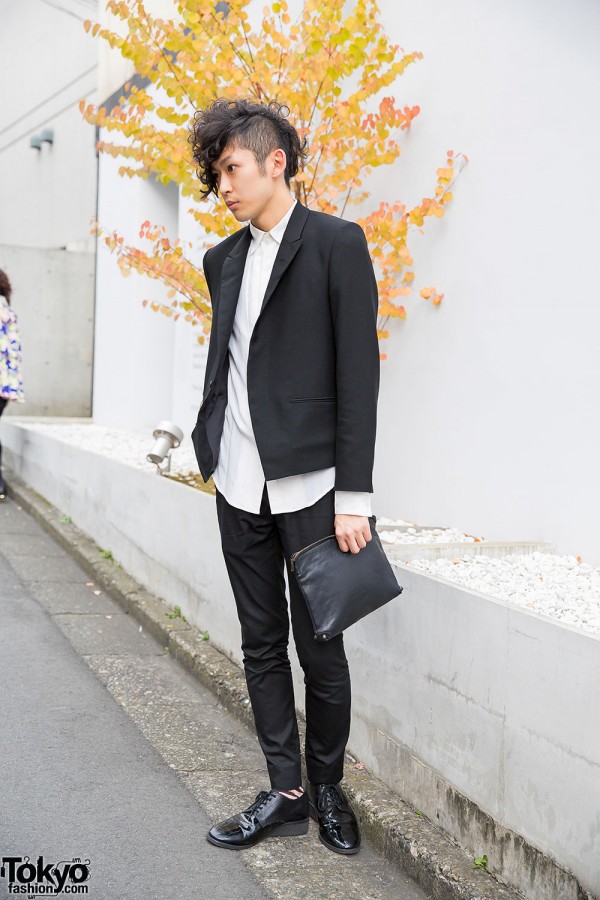 Harajuku Guy w/ Partially Shaved Hair, Black Suit & Clutch