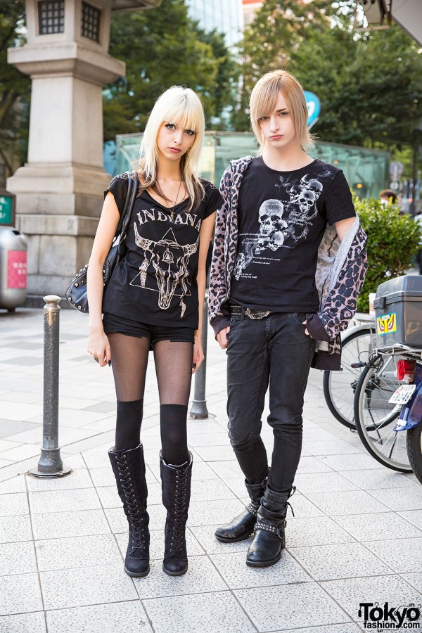 Blonde Harajuku Duo in Dark Fashion w/ Studded Bag, Skulls & Boots