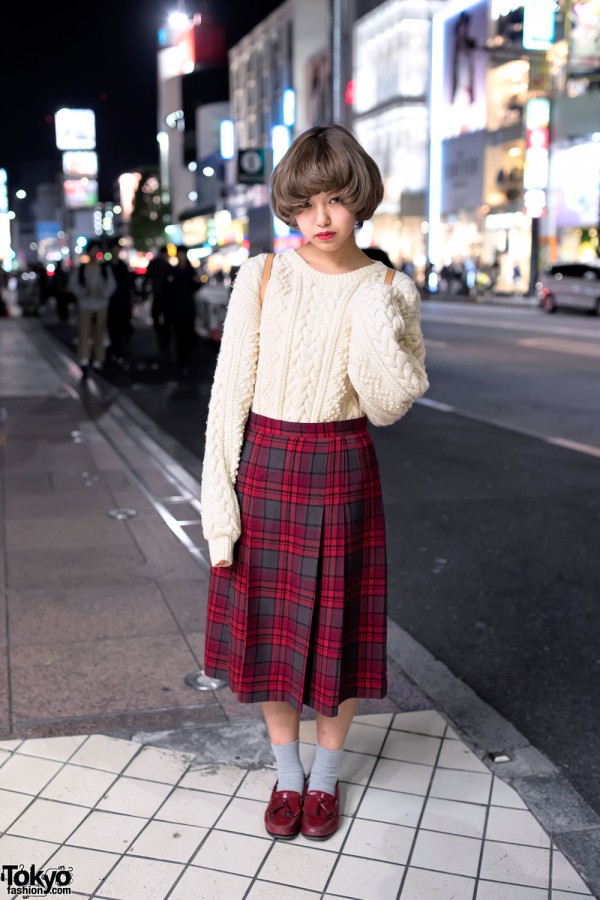 Oversized Cable Knit Sweater, Plaid Skirt & Loafers in Harajuku