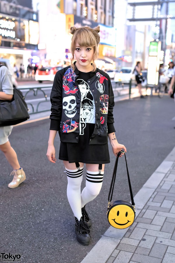 Kobinai Punk Bomber, Spiked Sneakers & Smiley Face Purse in Harajuku