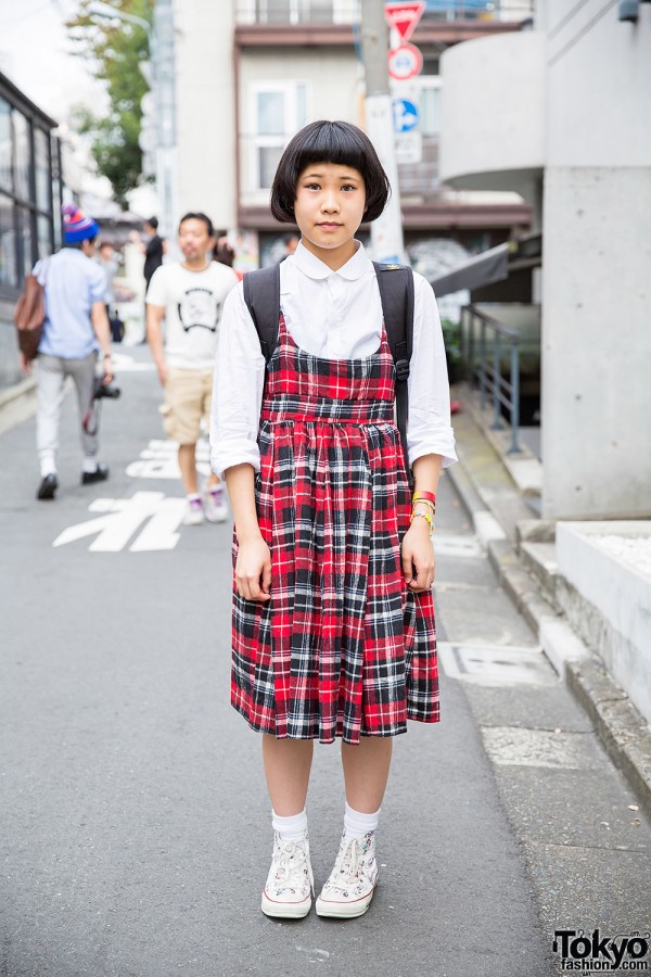 Harajuku Girl in Plaid Pinafore, Gremlins x Converse Sneakers & Adidas Backpack