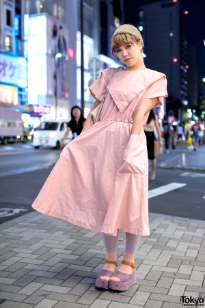 Pink Dress, Purple Platform Sandals & Remake Tote Bag in Harajuku ...