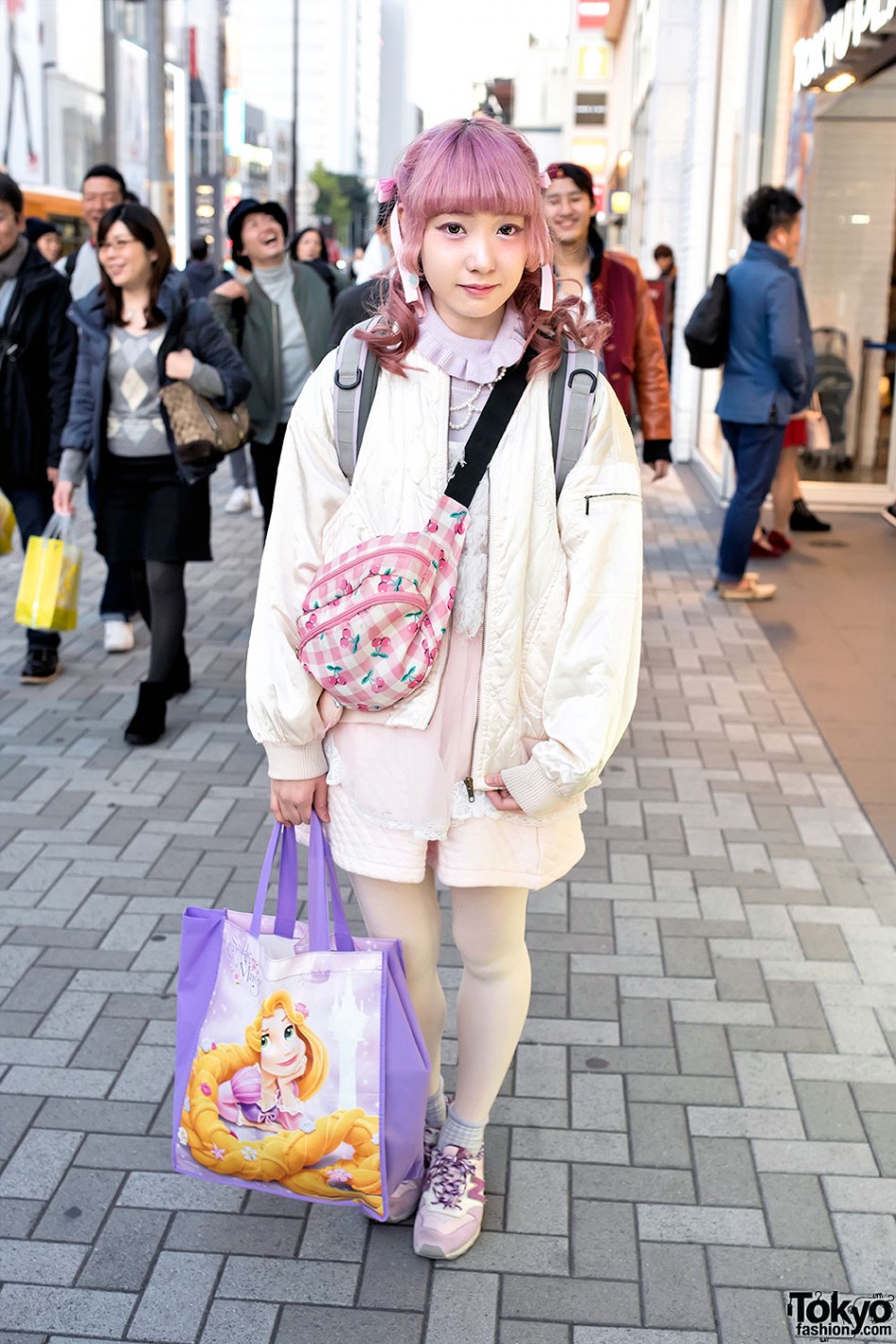 Pink Hair, Bomber Jacket, Cherry Print & Rapunzel Tote in Harajuku ...