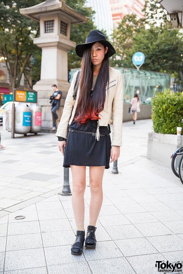 Long Ombre Hair, Hat, Leather Jacket, Givenchy Bag & LBD in Harajuku