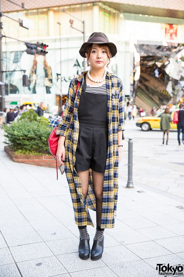 Sly Romper, Long Plaid Coat, Moussy Backpack & Ankle Boots in Harajuku