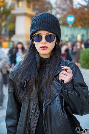 Harajuku Model in Black Leather Jacket, Leather Pants, Sunglasses ...