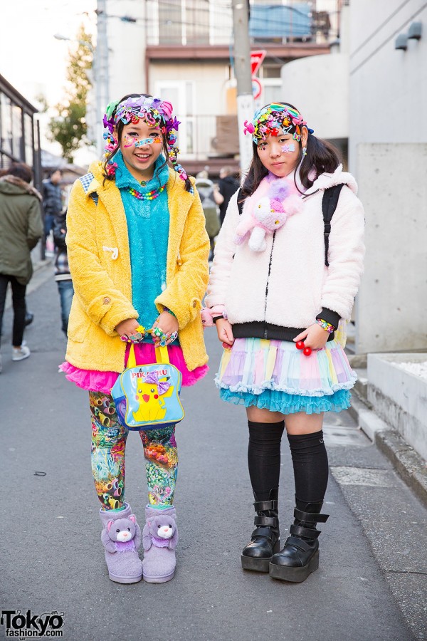 Harajuku Decora Girls w/ Hair Clips, Tutus, Plush Jackets & Pikachu Bag