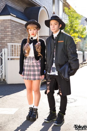 Harajuku Duo in Black Hats w/ Bomber Jacket, Cardi, Plaid Skirt ...