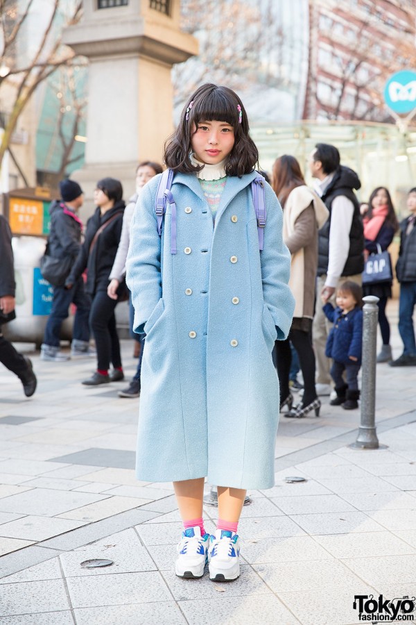 Pastel Blue Panama Boy Coat, North Face Backpack & Sneakers in Harajuku